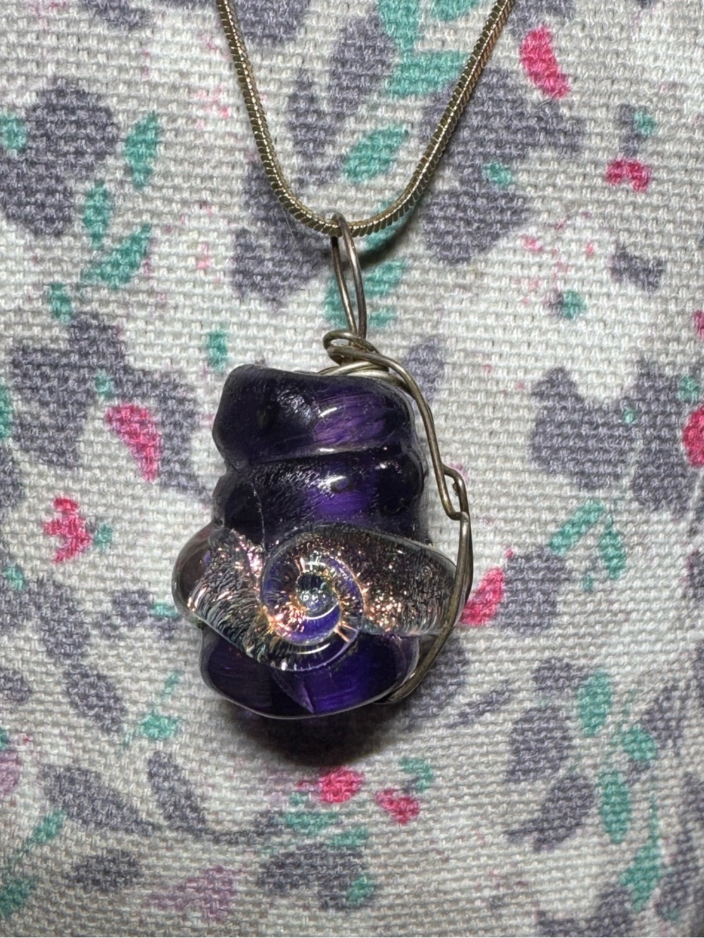 Purple Dichroic Glass Wire Wrapped Pendant Copper Sparkle 24” Silver Plate Chain